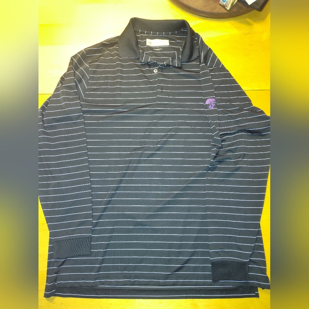 Navy Striped Polo Shirt with Purple Logo